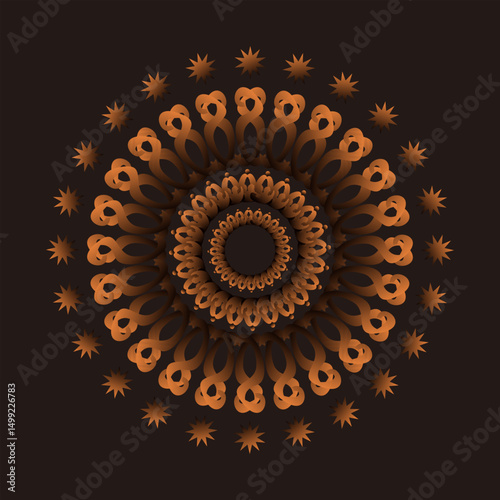 Mandala Abstract Design with Golden Orange Symmetrical Pattern on Black Background
