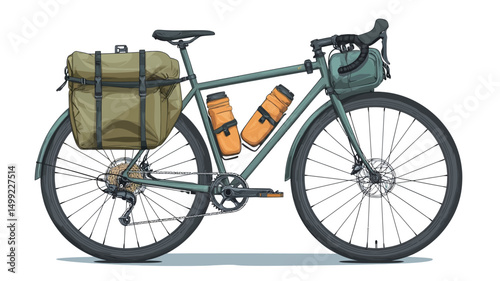 A digital illustration of a teal-grey gravel bicycle equipped for long-distance travel. The bike features wide tires with mudguards, a sturdy frame, drop handlebars with bar tape, and a mounted rack.