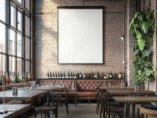 Sunlit industrial-chic restaurant interior with a large blank poster on a brick wall, leather banquette, wooden tables and chairs, and a vertical garden