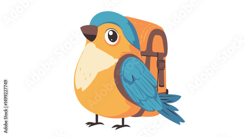 A digitally rendered illustration depicts a plump, cartoonish bird predominantly yellow and light blue. The bird features large, expressive eyes, a small beak, and short legs. It wears a small
