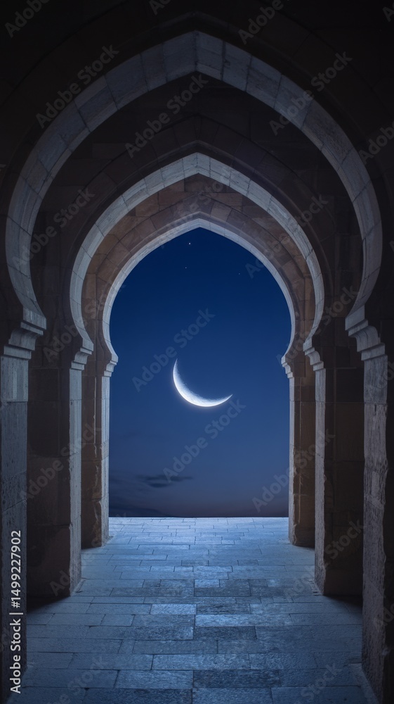 Fototapeta premium Crescent moon seen through traditional Islamic archway at twilight