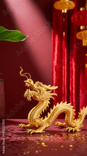 Lunar New Year golden dragon ornament placed on luxurious red background