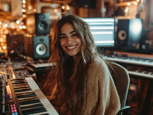 Woman Performing at the Piano in a room with a lot of equipment