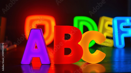 Colorful glowing alphabet letters ABC and DEF on a dark reflective surface.