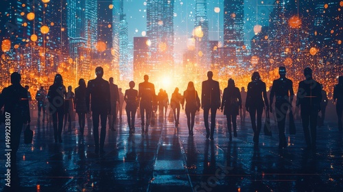 Group of multinational people and technology transformation in futuristic technology landscape at twiligh