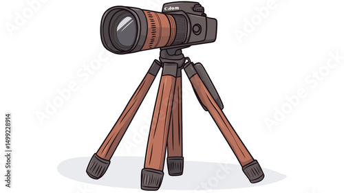 A stylized hand-drawn illustration depicts a DSLR camera mounted on a wooden tripod. The camera features a long telephoto lens, suggesting a focus on detail and distance. The tripod is rendered