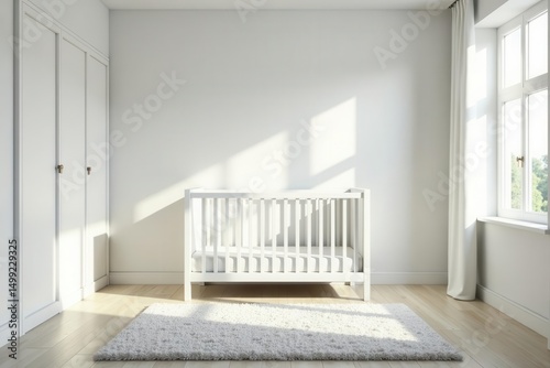 Bright white room, minimalist crib, plush rug, sweet, room, minimal