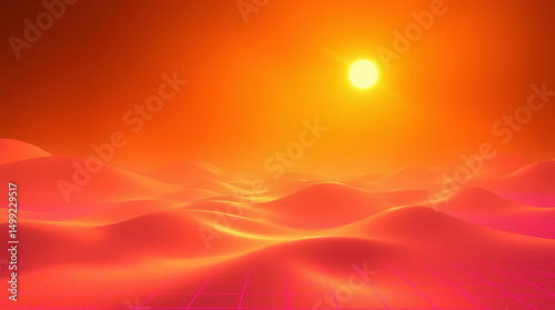 Vibrant desert dunes bathed in warm orange sunset light, creating serene landscape.