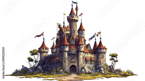 A digital painting or illustration depicts a fairytale castle against a white background. The castle is rendered in a painterly style with visible brushstrokes
