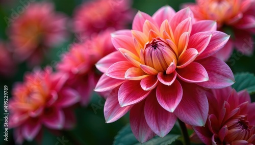 Intricate dahlia blooms, vibrant colors, overlapping petals , pattern, garden