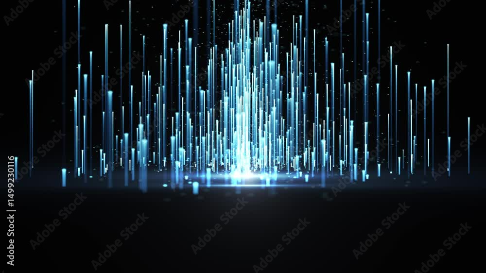 Abstract digital background with glowing neon particles or light stripes flying upwards. motion of flow of glowing bright particle lines. visualization of connection.