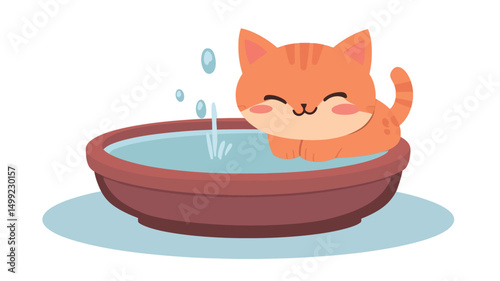 A digital illustration showcases a stylized orange tabby kitten engaging in playful interaction with a shallow bowl of water. The kitten, rendered in a cartoonish, kawaii-esque style with
