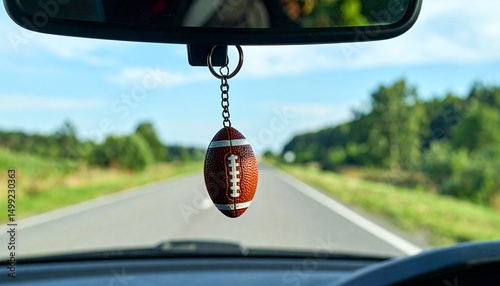 Miniature football-shaped keychain hangs from a car's rearview mirror, with a road and trees visible through the windshield
