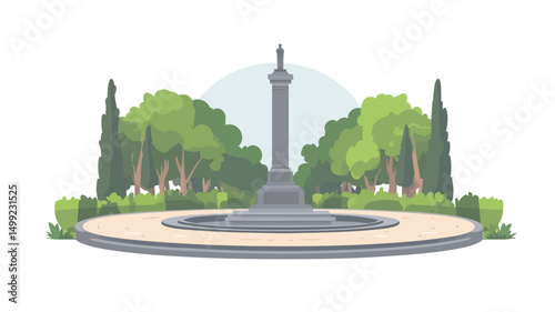 A digital illustration depicting a serene park scene. The central focus is a tall, light grey obelisk-like monument situated within a circular, light beige paved area. Lush green trees are rendered.