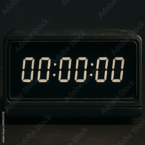 Vintage Digital Clock at 00:00:00 Display - Countdown Timer Concept, Time's Up, End of Time, Mortality and Finality Symbol on Black Background