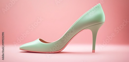 A pair of mint green kitten heels with a smooth texture isolated on a soft gradient pink background with soft ambient lighting