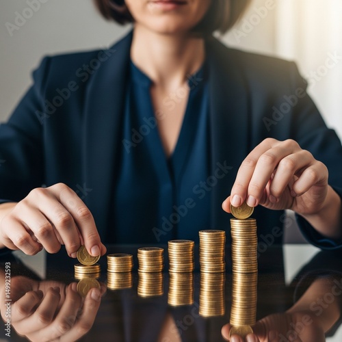 A businesswoman meticulously stacks gold coins, creating ascending piles that symbolize financial growth and smart investment strategies