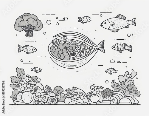 Wallpaper Mural Black and white sketch of vegetables and fish. Torontodigital.ca