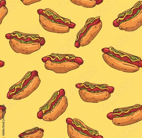 Hand-drawn hot dog pattern ...