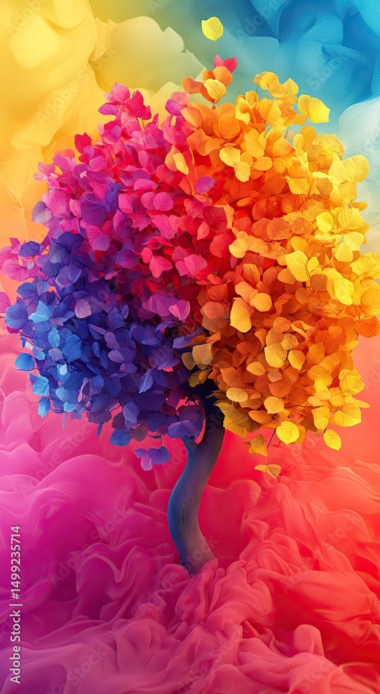 Obraz premium Vibrant, abstract tree with colorful leaves, in a swirling, colorful background