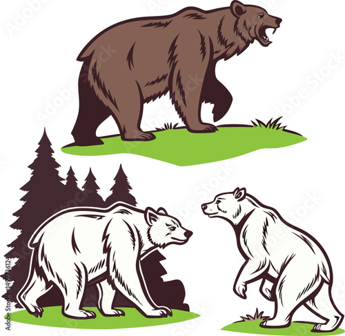 Vector animal illustrations featuring a cute bear silhouette, wild animals, and cartoon mammals like elephants, dogs, and rhinos for nature and zoo designs