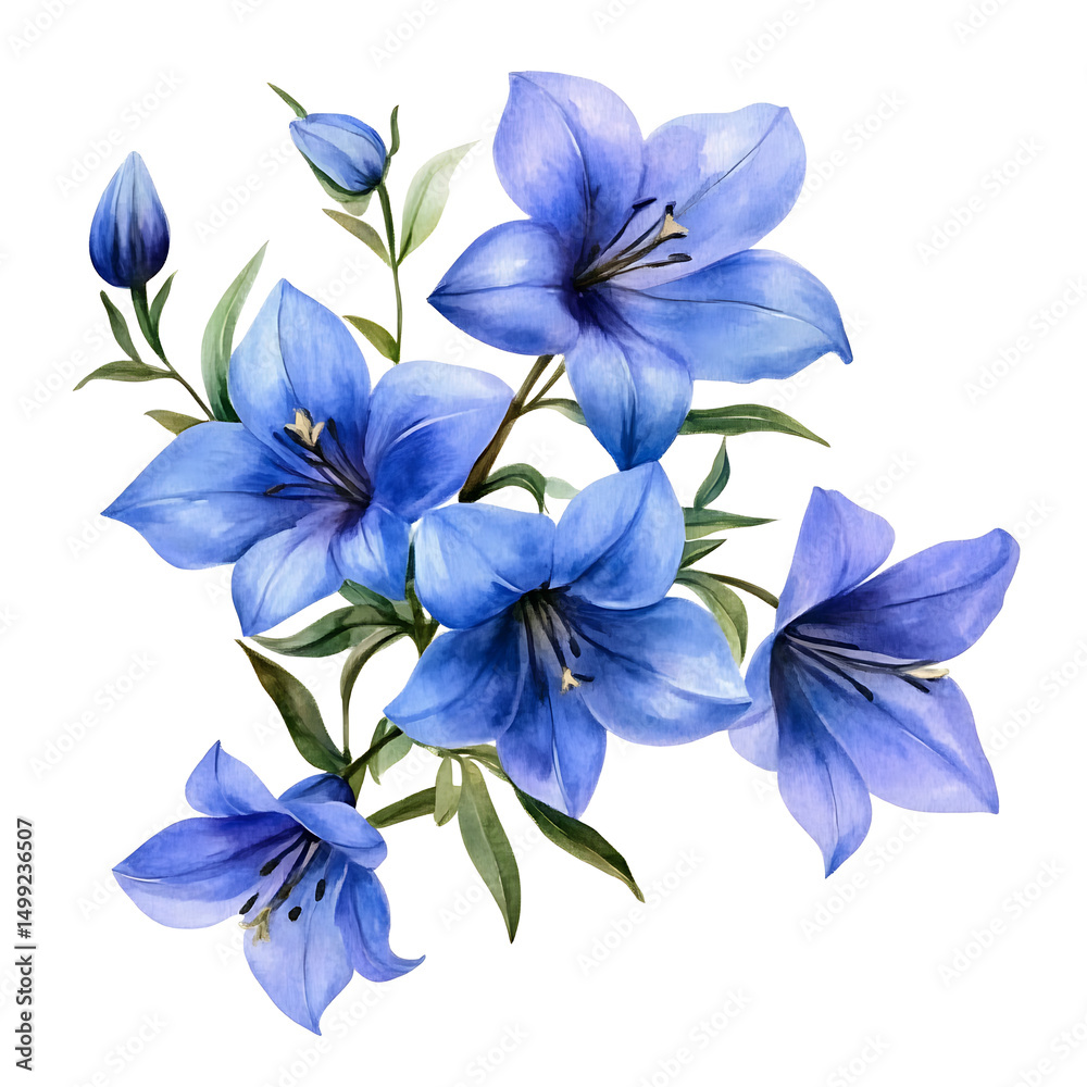 Fototapeta premium Watercolor blue lily flower arrangement isolated on transparent background png cutout