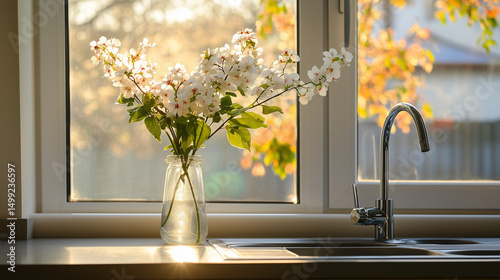 On the countertop by the sink, a vase of flowers brightens the space near the kitchen window.








