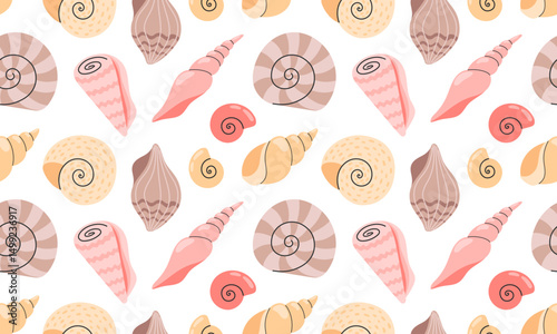 Seamless pattern Sea shells. Mollusks, sea spiral snail. Ocean exotic underwater seashells background. Hand drawn vector illustration 