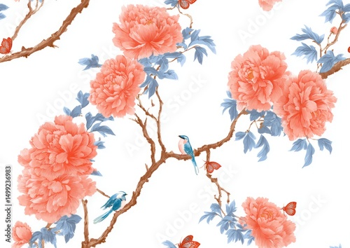 Delicate floral and avian pattern on a white background.