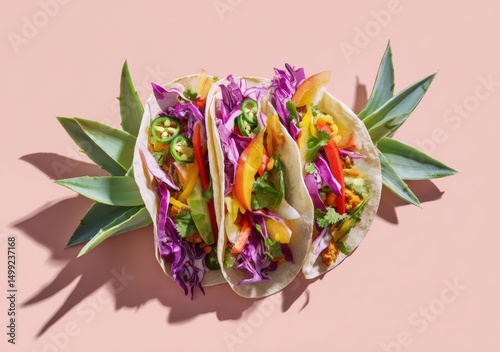 Colorful tacos layered atop...