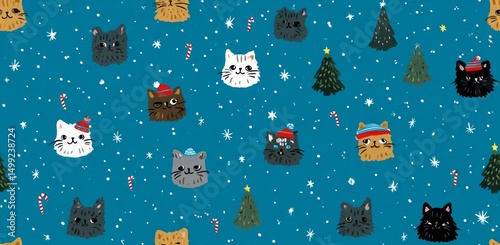 Festive winter cat heads pattern on a teal background.