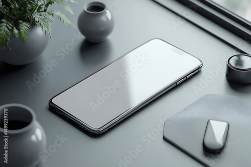 Sleek Smartphone Mockup on Modern Gray Desk with Minimalist Decor

 photo