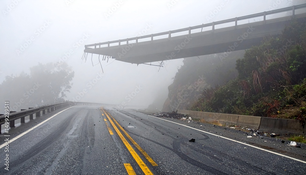 Fototapeta premium A fog-shrouded highway scene with a partially collapsed bridge, debris scattered across the road
