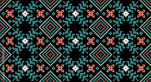 Cross stitch pattern concept showcasing traditional ethnic geometric pattern, Design for textile, background,carpet,wallpaper,clothing,wrapping,Batik,fabric,Vector illustration	
