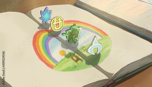 Colorful Symbols on Open Book with Rainbow and Nature Scene Under Bright Sunlight