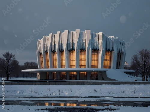 Old urban building in winter snow by the river