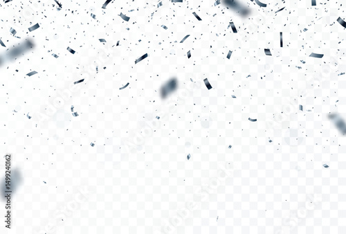 Falling Silver confetti and ribbon, isolated on transparent background