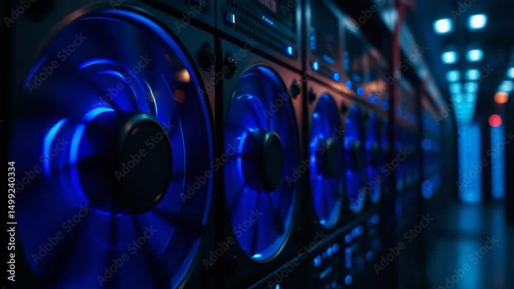 Close up angle of server fans spinning with vivid blue cooling LEDs casting an atmospheric glow in the darkened high performance data center