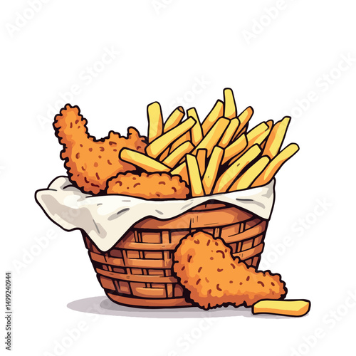 Vsai wicker basket overflowing with crispy fried chicken and french fries