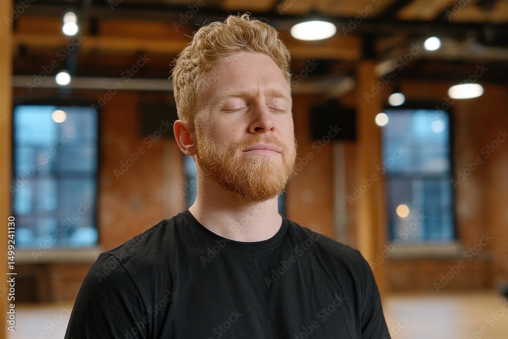 Naklejka premium Portrait of a young man with ginger hair and beard, eyes closed, meditating in loft space, seeking inner peace and balance through mindfulness and self-reflection.