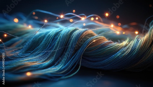 Colorful strands of fiber illuminated by soft glowing lights in an artistic arrangement