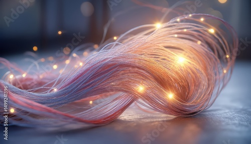 Ethereal strands of glowing fibers with soft shimmering lights in a dreamy atmosphere