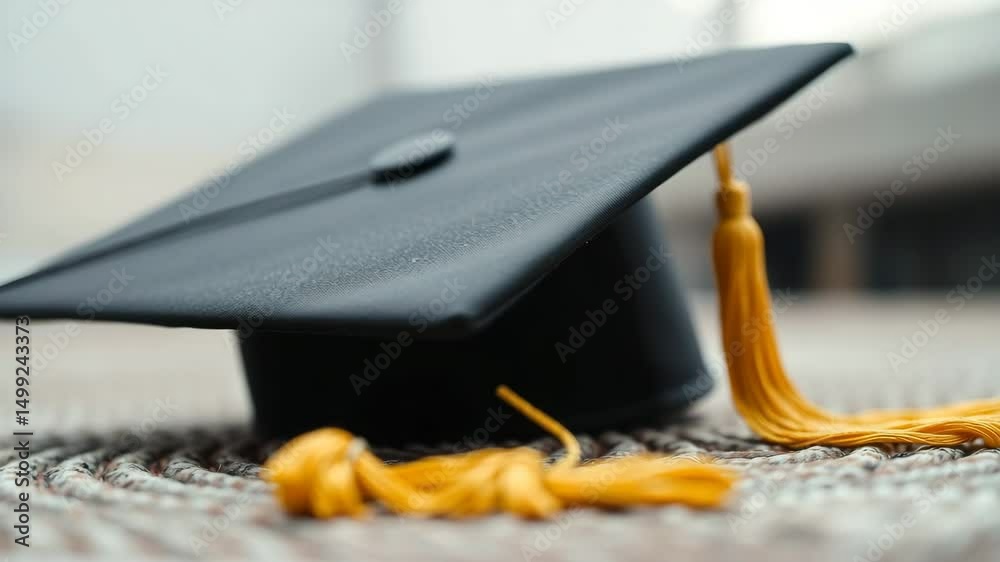 Close up of a graduation cap with a golden tassel on a textured surface captured at a low angle Ideal for an educational video theme