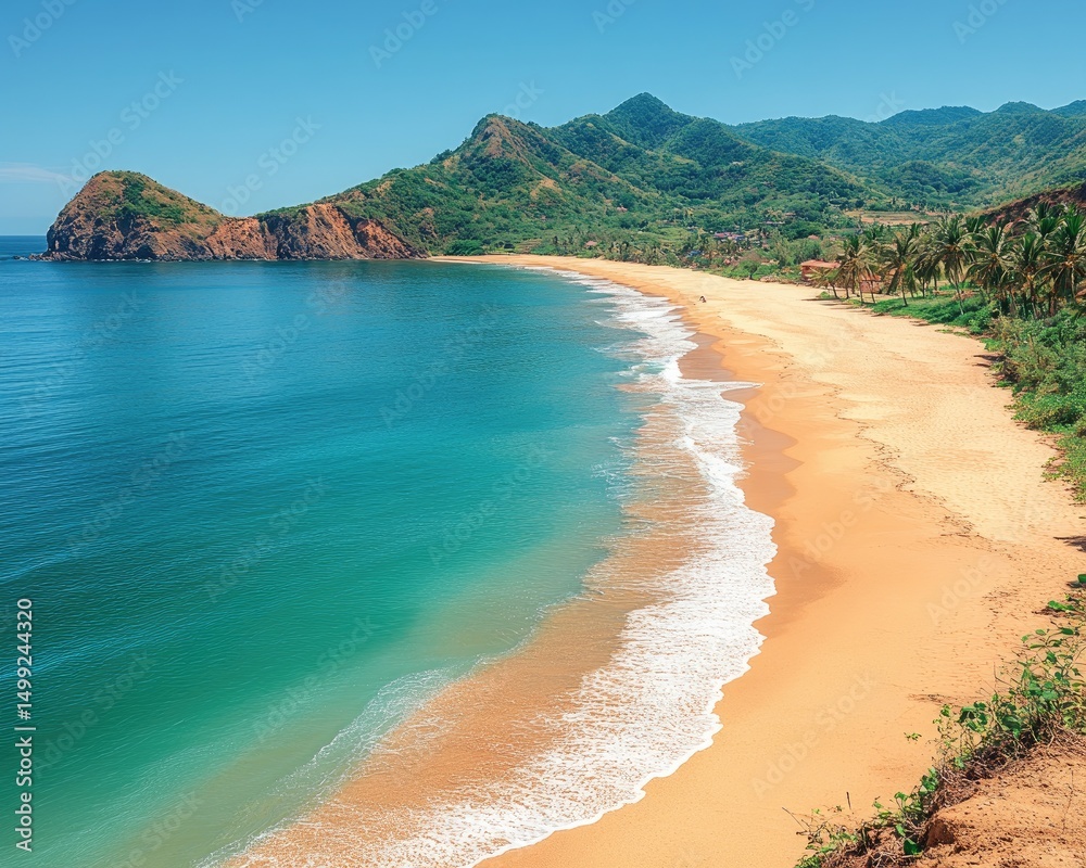 Obraz premium Sandy beach meets blue ocean near green hills, with few people. Perfect for travel blogs, vacation planning, or destination guides.