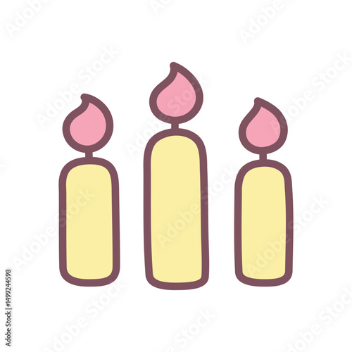 Cute candles icon. Hand drawn illustration of three softly glowing candles isolated on a white background. Kawaii sticker. Vector 10 EPS.
