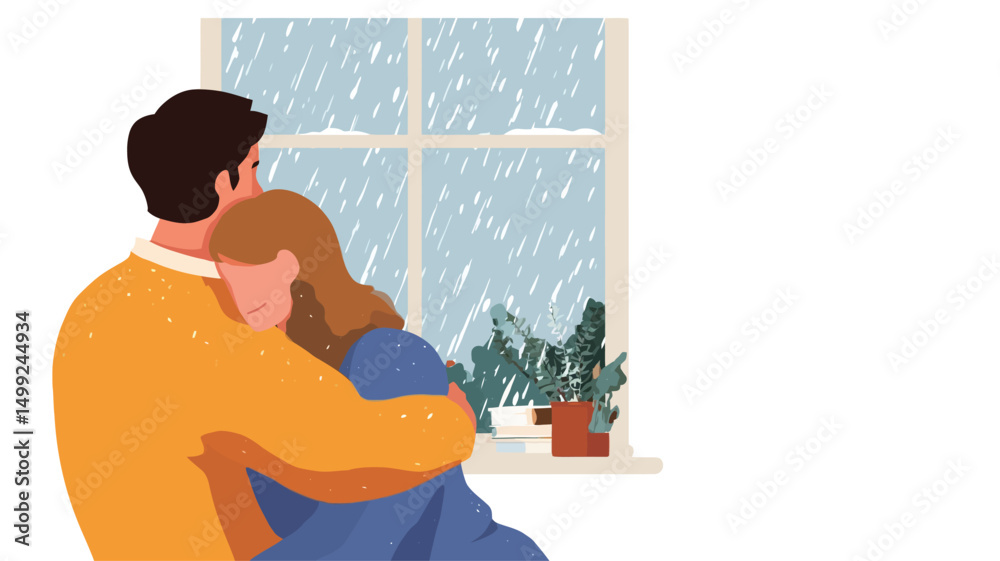 Obraz premium The image is a vector illustration depicting a couple embracing each other while looking out a window at a rainy scene. The style is minimalist and flat, with muted colors. The couple is drawn in a