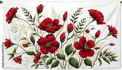 Striking Red Flowers Adorn a White Fabric Background.