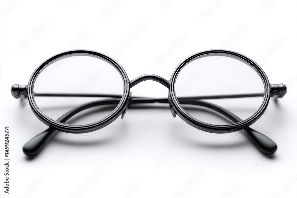 Fototapeta premium Close-up studio shot of vintage-style round black eyeglasses on a white surface, elegant eyewear for vision correction and a distinctive fashion statement.