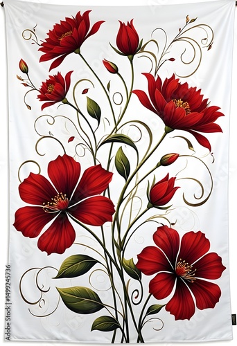 Striking Red Flowers Adorn a White Fabric Background.