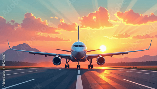 Airplane landing on runway during sunset with mountains in background  